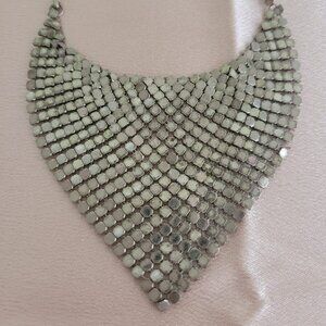 70s Vintage Silver With Rhinestones Necklace, Chain Mail Mesh Necklace